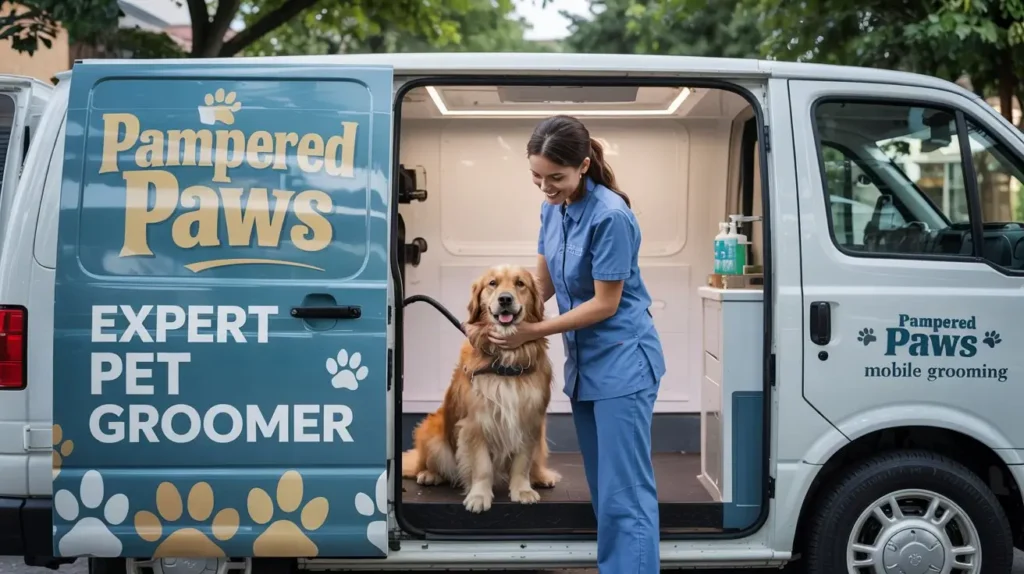 dog is grooming by expert groomer in van at Lake Nona
